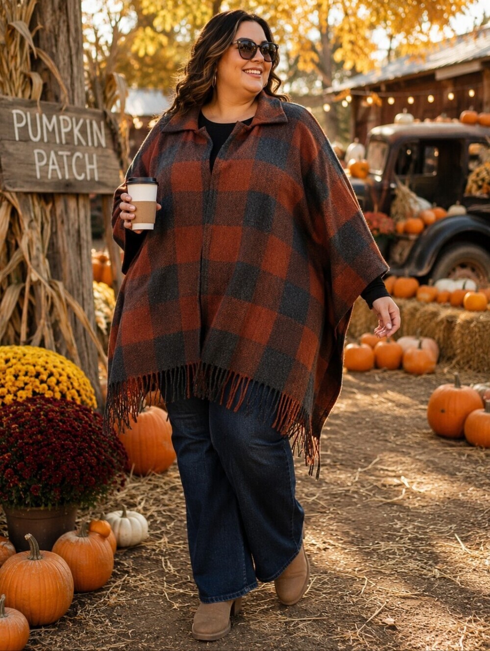 Marc New York Andrew Marc Buffalo Plaid Fringe Poncho Cape Wrap One Size